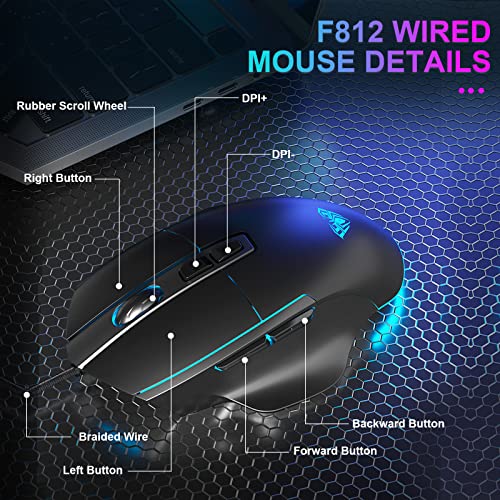 Aula Gaming Mouse, Wired Usb Computer Mouse With Rgb Led Backlit, 7200 Dpi Adjustable, Pc Gaming Mice With 6 Programmable Macro Buttons For Desktop, Laptop, Pc, Mac - White #TOP1