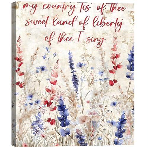 Image of Made in USA Patriotic Framed Canvas Wall Art, My Country Tis of Thee Quote Canvas Print, Red White Blue Floral Wall Decor for 4th of July, Independence Day Home Decoration,24x36in