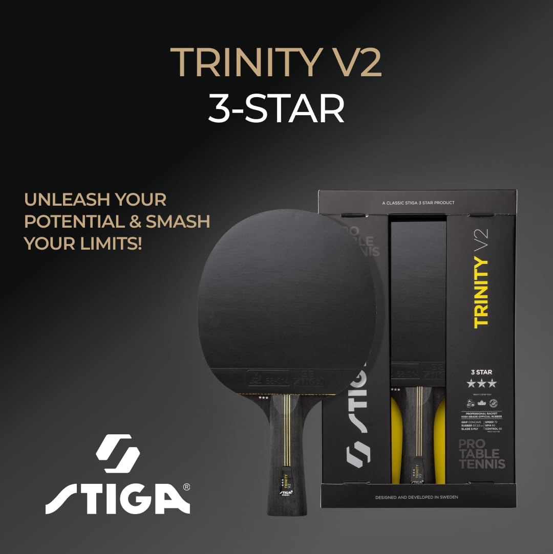 STIGA Trinity V2 Pala de Tenis de Mesa, Madera de 3 Estrellas, Goma aprobada por la ITTF, Mango Ergonómico, para Jugadores Ofensivos