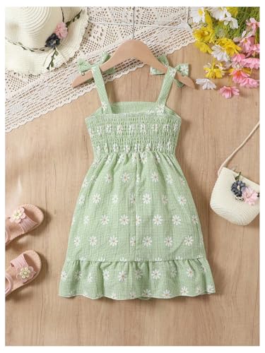 Floerns Toddler Girl's Floral Bow Shoulder Gingham Dress A Line Midi Ruffle Dresses2