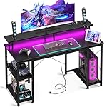 ODK 48 inch Gaming Desk with LED Lights & Power Outlets, Computer Desk with Monitor Stand & Storage Shelves, CPU Stand, Home Office Desk, Black