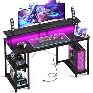 ODK 48 inch Gaming Desk with LED Lights & Power Outlets, Computer Desk with Monitor Stand & Storage Sheves, CPU Stand, Home Office Desk, Black