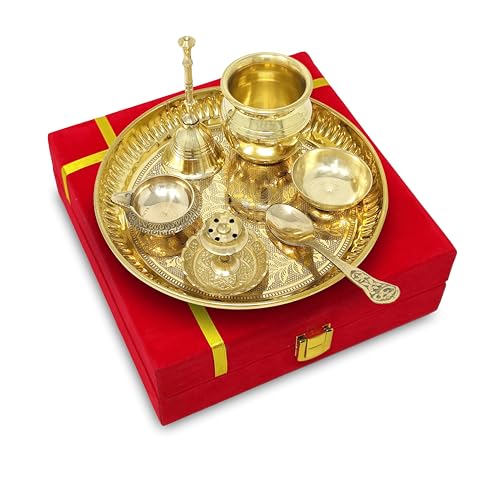 Image of BENGALEN Brass Pooja Thali Set with Red Gift Box Very Small 6 Inch Pital Plate Kalash Spoon Chandan Wati Dhup Dan Kuber Diya Ghanti Puja Arti Thali for Diwali Home Office Mandir Wedding Return Gifts