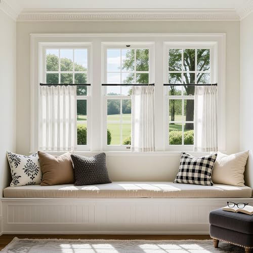 Image of Cream Linen Cafe Curtains 24 Inch Length Pinch Pleated 2 Panels Set Farmhouse Short Kitchen Window Curtains Light Filtering Semi Sheer Pinch Pleat Back Tab Small Window Drapes for Bathroom Camper RV