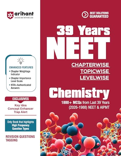 Image of Arihant 39 Years NEET Chapterwise Topicwise Levelwise Physics, Chemistry, Biology | 1800+ PYQs from NEET & AIPMT (2026-1988) | NTA Authenticated Solutions with Revision Question Tagging