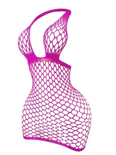 SweatyRocks Women's Fishnet Lingerie Dress Open Back Sleeveless Babydoll Lingerie Hot Pink One-Size