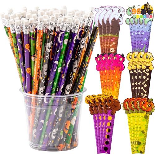JOYIN 96-teiliges Halloween-Bleistift- und Lineal-Schreibwaren-Set enthält 48 verschiedene Bleistifte mit 12 Designs, 48 Halloween-Lesezeichen mit 6 Mustern für Kinder, Partyzubehör, keine Süßigkeiten