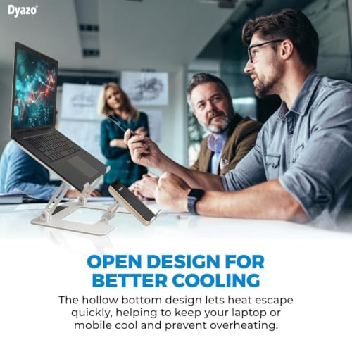 Image of Dyazo 2 in 1 Adjustable Laptop Stand with Mobile Holder | Ergonomic, Foldable & Ventilated Riser Fits Upto 15.6 Inch Laptops | Compatible for MacBook, HP, Dell, Acer, Lenovo & Other Notebooks