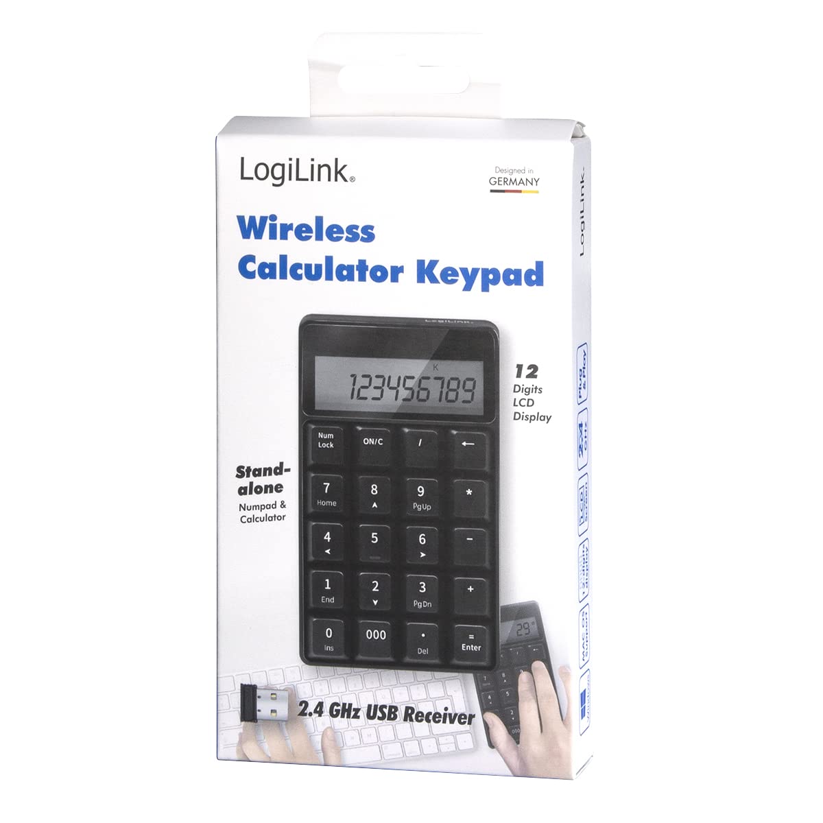 LogiLink ID0199 - bezprzewodowa klawiatura radiowa (2,4 GHz) z kalkulatorem i wyświetlaczem LCD, kolor czarny