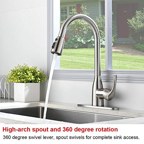 VALISY Lead-Free Modern Stainless Steel Brushed Nickel Pull Down Kitchen Sink Faucet, Single Handle 1 or 3 Hole High Arc Kitchen Faucets with Pulldown Sprayer & Deck Plate - Thumbnail 2