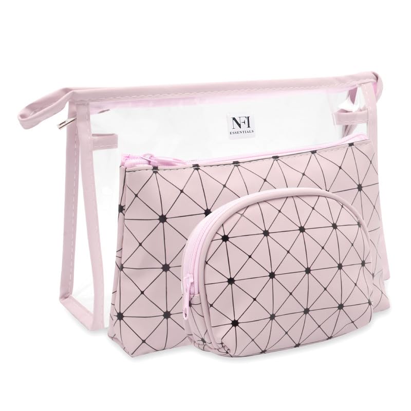 NFI Essentials Set of 3 Cosmetic Bags for Women Large Clear Makeup Pouch & Pink Geometric PU Leather Travel Toiletry Organizer Kit Water-Resistant Vanity Case for Brushes, Jewelry (Pink)