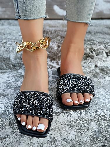 Verdusa Women's Rhinestone Sandals Glitter Casual Sandal Flats Open Toe Sparkle Slides2
