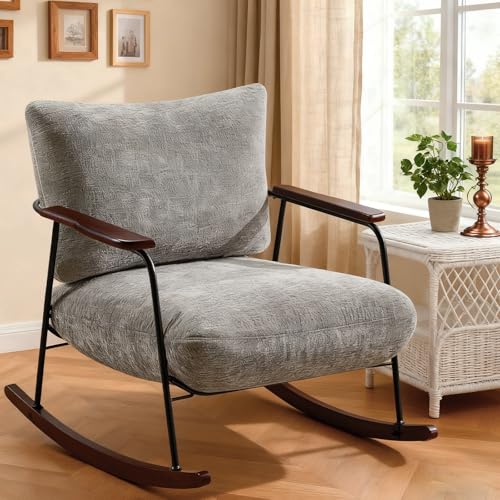 Hellove Sillón mecedora gris con reposabrazos de madera, sillón de lactancia, mecedora Rocking Chair moderno sillón relax acolchado para salón, dormitorio, habitación de bebé, enfermería, chenilla