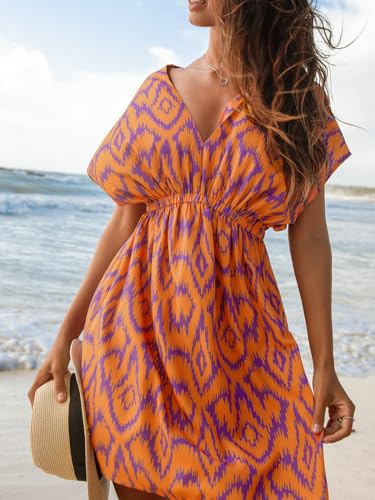 Image of CUPSHE Women's Swimsuit Coverup Casual V Neck Beach Dress Short Sleeve Elastic Waist Swimwear Cover Ups 2026 Beachwear