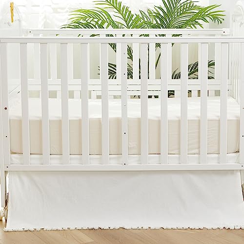 Image of Brandream Boho Bohemian Girl Boy Baby Nursery Crib Bed Skirt Dust Ruffle - Neutral Solid Color Cream Off White Farmhouse Chic 100% Washed Cotton Minimalist Tassel Fringe Macrame