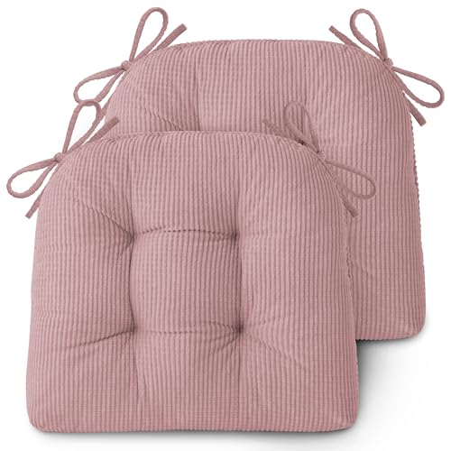 Image of AddGrace Dining Chair Cushions Set of 2 Non-Slip 18 inchx16 inchx3 inch Pink | with Ties, Textured Fabric, for Kithchen, Dining Room, Restaurant, Indoor Furniture, Wood Chairs, Long Meals, Soft, Comfy