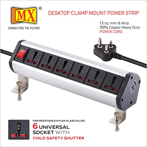 Image of MX Premium Power Console 16 Amp 6 Universal Sockets with 2 USB Charging Port Extension Board - with Removable Desk Clamp - Power Strip - Master Switch - 1.5m 3 Pin Plug Extension Cord (4180 1.5mtr)