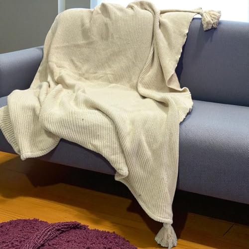 Image of Furnistitchs Plain Solid Knitted Sofa Throw Blanket 50x60 inches / 125x150 cms| Cotton Plain Knit with Tassels | Aesthetic Bohemian Decorative Couch Throws for Living Room & Bedroom (Natural)