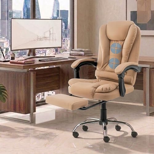 Image of Italia Leatherette Office Chair for Work | Boss Chair, Luxurious Cushioned Arms & Seat, 2 Point Back Massager, Adjustable Leg Rest, Heavy Duty Metal Base (Beige)
