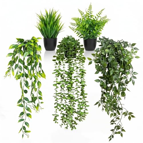 GOEJGSDJ 5 Pack Fake Plants - Artificial Hanging Plants & Small Potted Faux Eucalyptus Fern Ivy UV Resistant Maintenance-Free for Shelf Wall Desk Home Office Bathroom Indoor Outdoor Decor
