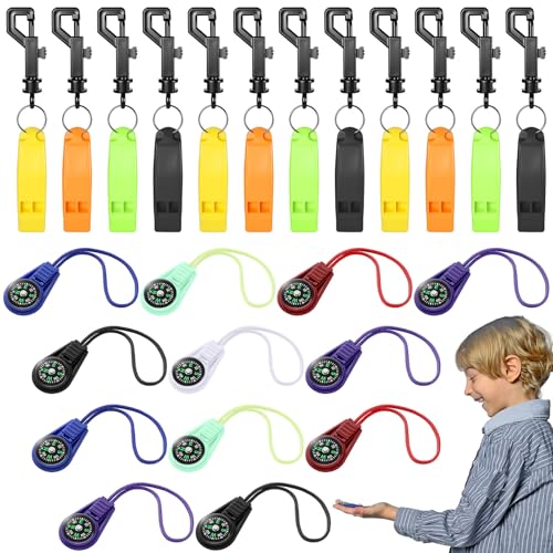 Relaxweex 24 Pcs Compass Whistle Set for Kids Pocket Keychain Lanyard