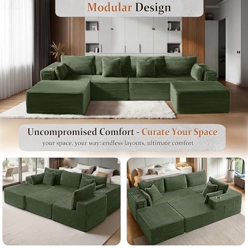 Image of 138 inch Cloud Sectional Couch, Comfort U Shaped Boneless Couch for Living Room, Extra Deep Seats No Assembly, Minimalist Modular Sofa, Corduroy (Olive Green, 3 Seater+Left Facing Chaise+Ottoman)
