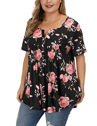 Allegrace Women's Plus Size Blouses Short Sleeve Henley Shirts Button Up V Neck Floral Pleated Tunic Tops Black 3X #TOP1