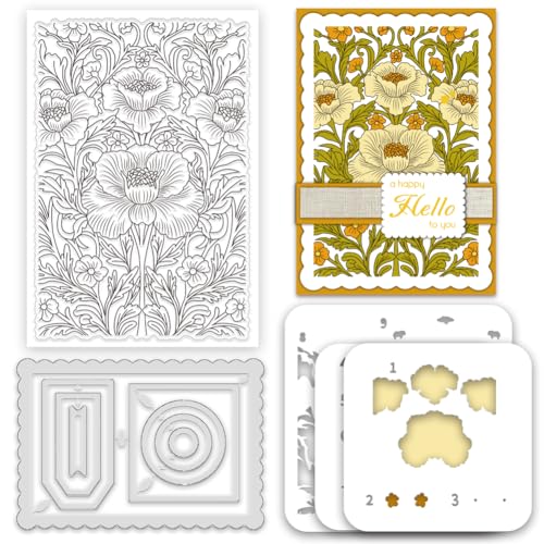 INFUNLY 3pcs Floral Pattern Clear Stamps and Cutting Dies Set for Card Making Metal Rectangular Frame Die Cuts DIY Flowers Draw Painting Stencils Flowers Rubber Stamps for Scrapbooking Craft Decor