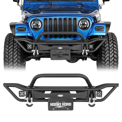 Hooke Road TJ Tubular Front Bumper Hoop Grille Guard for 1997-2006 Jeep Wrangler TJ Rock Crawler Steel Bumper with LED Lights Bull Bar D-rings