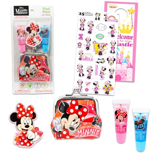Disney Tubos de brillo de labios de Minnie Mouse, paquete con 2 brillos de labios de Minnie Mouse en varios sabores para recuerdos de fiesta, más monedero, calcomanías, más recuerdos de fiesta