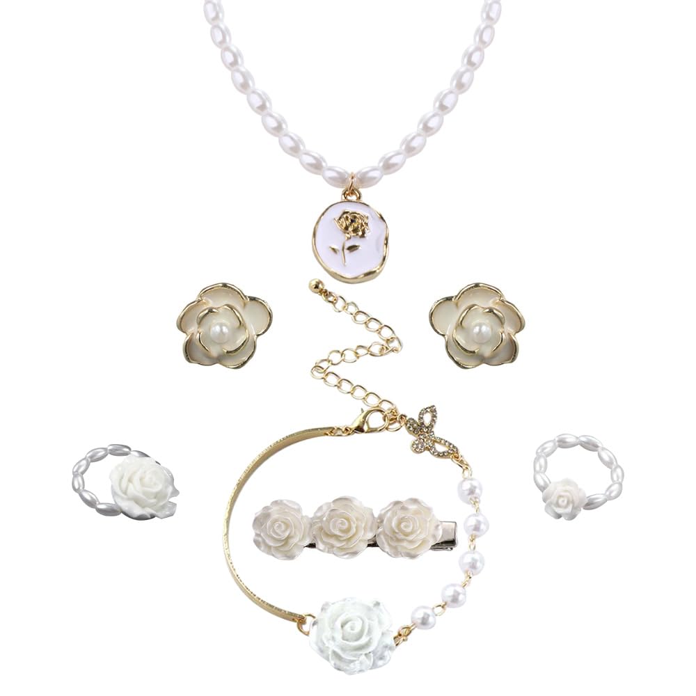 VctitilVintage Jewelry Set - Rose Drip Oil Pearl Necklace, Baroque Rose Pearls Bracelet, Rose Hairpin, sweet camellia stud, 2pcs Rose Pearl Rings