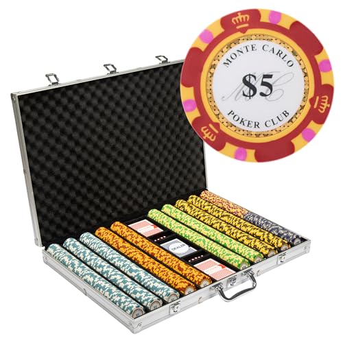 Playzaic 1000-piece Aluminum Monte Carlo Poker Chip Case - 13.5-gram Heavy Clay Composite Set - Casino Chips for Texas Holdem, Blackjack - Betting Game Accessories