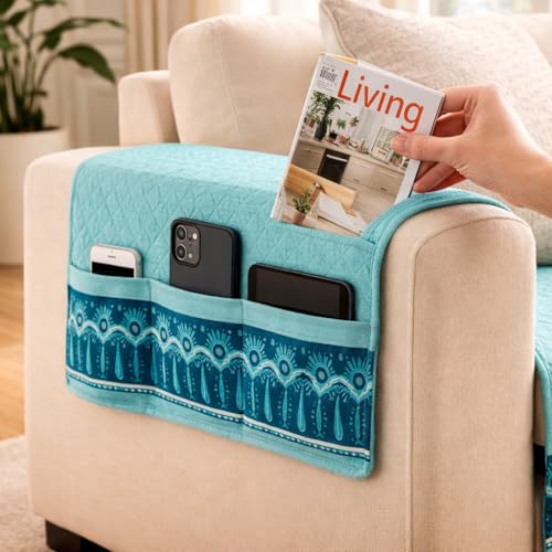 Image of KINGLY Armrest Cover with Pocket | Anti-Slip Sofa Arm Protector | Washable Arm Cover | Mint Blue