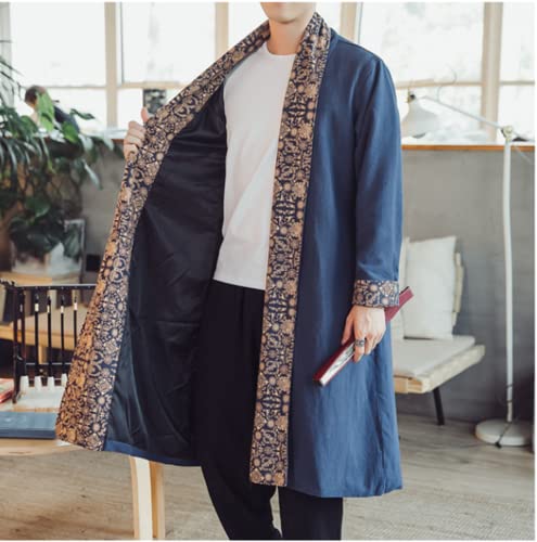 HZCX FASHION Mens Long Kimono Cardigan Open Front Print Cotton Linen Trench Coat(FY08 NAVY,M)
