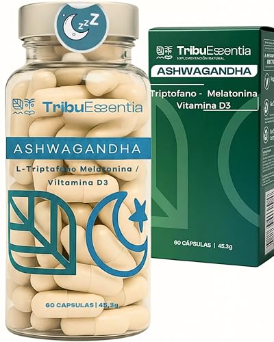 Ashwagandha Estandarizada Alta Concentracion Con Melatonina Triptofano Plus y Vitamina D3 Contribuye un Sueño Reparador Equilibrio al Cortisol Suplemento Natural Capsulas Veganas Sin Gluten