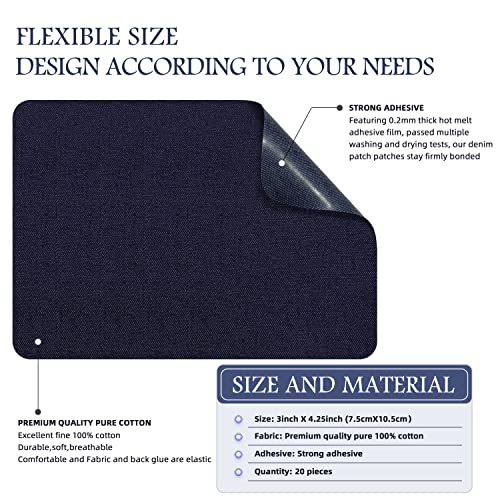 Image of KING MOUNTAIN Iron-on Repair Patch 20 Pcs Pack,Denim Patches for Jeans Kit 3 inch by 4-1 /4 inch,100% Cotton Denim Iron-on Repair Patch, Jeans and Clothing Repair and Decoration Kit (Dark Blue)