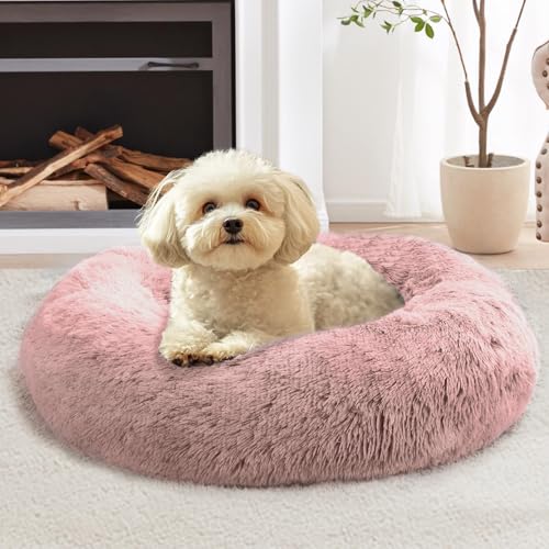 Image of JOLLYVOGUE Calming Dog Beds Extra Large Sized Dog, 45in Donut Washable Large Pet Bed, Anti-Slip & Anti-Anxiety Fluffy Faux Fur Round Dogs Bed, Fits up to 125 lbs Pets (Dark Pink)