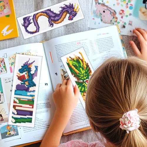 Image of INFUNLY 6PCS Dragon Cross Stitch Bookmark Kit for Adults Books Cross Stitch Kits DIY Crossstitch Kits Flying Dragons Stamped Embroidery Bookmark Kit with Instructions for Book Lovers Readers