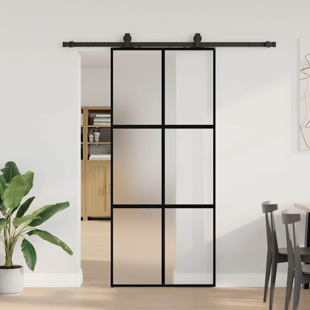 ACAGALA Glasschiebetür Komplettset 90 cm Breite | Inkl. Schiebetürbeschlag & Montagezubehör | Schiebetürsystem für Zimmertüren, Wohnraum & Büro | Schiebetür aus Hartglas | Schwarz und matt