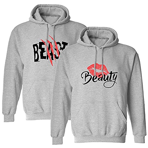 KMCOJIA Beast Beauty Couple Hoodie,Long Sleeve Thick His & Hers Pullover Hooded Sweatshirt with Pocket(Pack of 1) Beast-Grey-L
