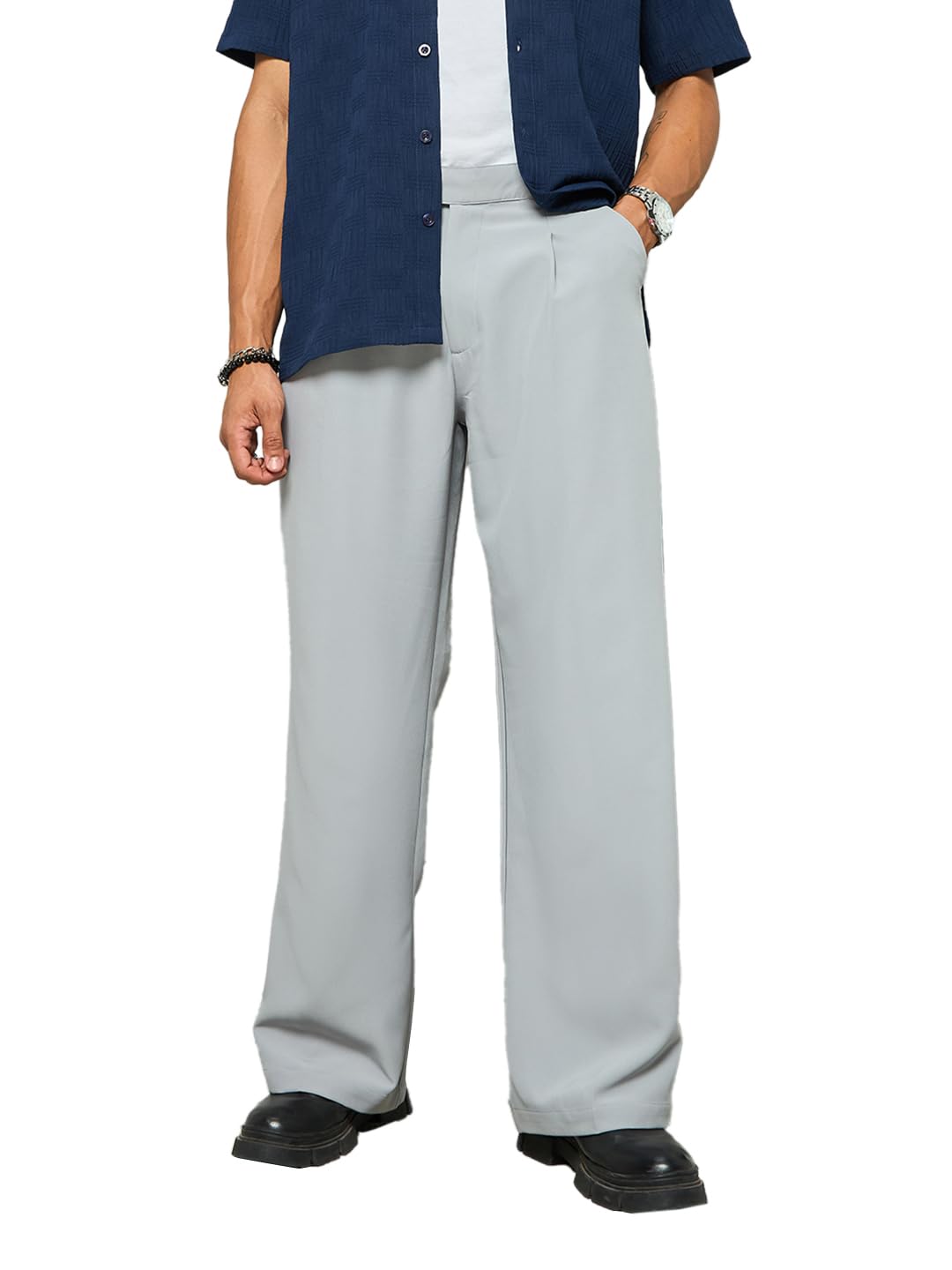 Bewakoof Men Mid Rise Solid Wide Leg Polyester Blend Korean Pant| Korean Pants | Trendy | Casual | K-Fashion Look in neutral