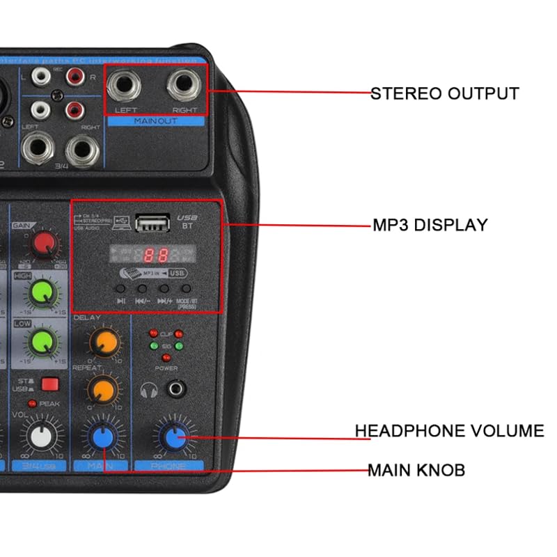 Console de mixage 4 canaux avec interface XLR 6,35 mm et entrée ordinateur USB MP3