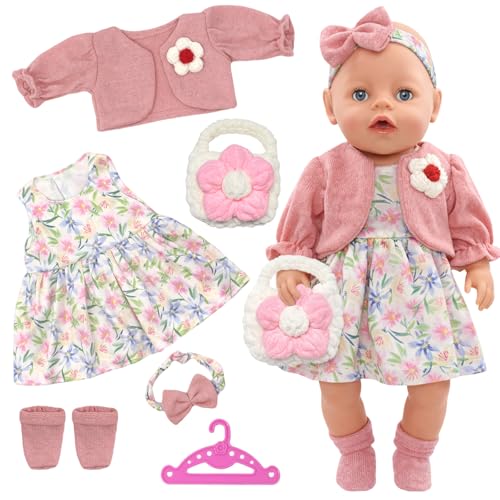 6 Stück Puppenkleidung für 35-43cm Baby Puppen Süße Frisch Baby Kleidung Puppen für 14-17Zoll Babypuppen mit Kleid Mantel Stirnband Tasche Socken Kleiderbügel 43cm Puppen Outfits Geschenke für Kinder