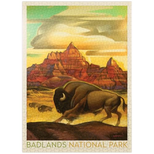 Badlands National Park: Rumbling Herd, Vintage-Poster – Premium 1000 Teile Puzzle für Erwachsene
