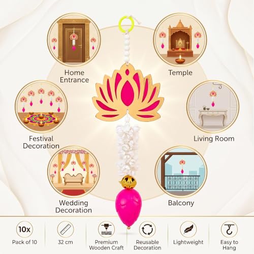Image of JH Gallery Lotus Bud Tassel Hanging for Ganpati Decoration Setup for Home - Handmade Ganesh Chaturthi Backdrop, Pooja Room, Mandir & Main Door Toran (13 Inch, Pack of 10)