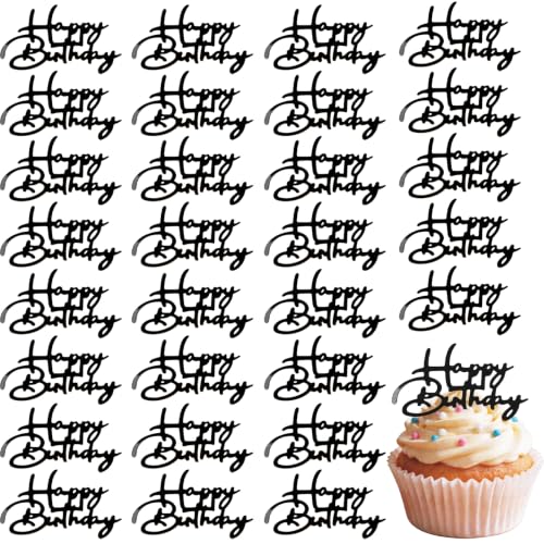 30pcs Mini Black Acrylic Happy Birthday Cupcake Toppers for Party Supplies