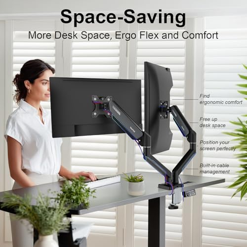 Image of NearHub Dual Monitor Mount for Computer Screen 13-32 inch and Up to 22 lbs,360 Rotation,+90 to -45 Tilt,180 Swivel,with C Clamp and Grommet Base,Integrated Cable Management,75x75 /100x100 VESA