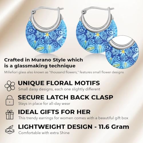 murano style millefiori glass hoop earrings for women trendy - fun earrings floral colorful flower statement hoops stainless steel everyday jewelry teacher birthday gifts 116g