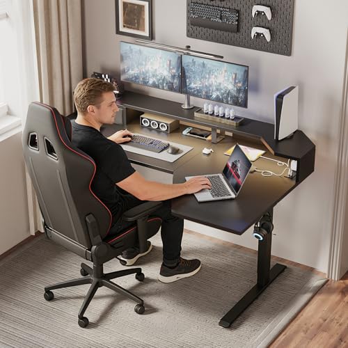 Image of Agilestic 63 Inch L Shaped Electric Standing Desk with Shelf, Height Adjustable Large Desk with Power Outlets & LED, Corner Sit Stand Up Table with Monitor Stand, Computer Workstation, Black