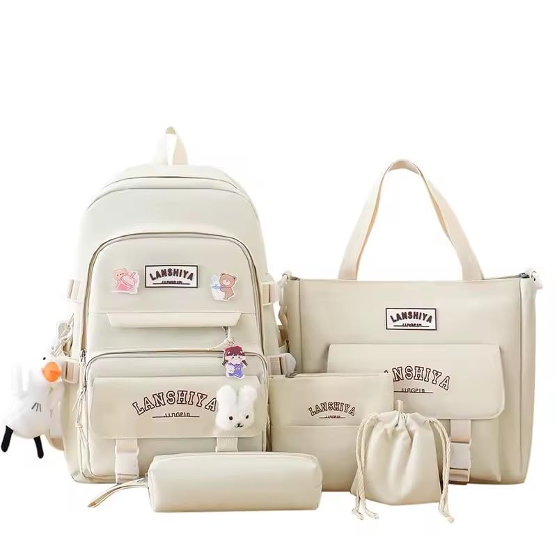 Conjunto de Mochila Escolar 5 Peças, Estilo Kawaii Coreano, Mochila Grande Capacidade com Pingentes, Kit Estudantil (Branco)